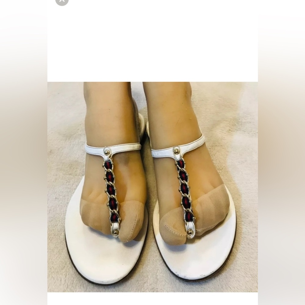 Gucci sandals classic green red Gold chain strip thong white sandals - Picture 2 of 8